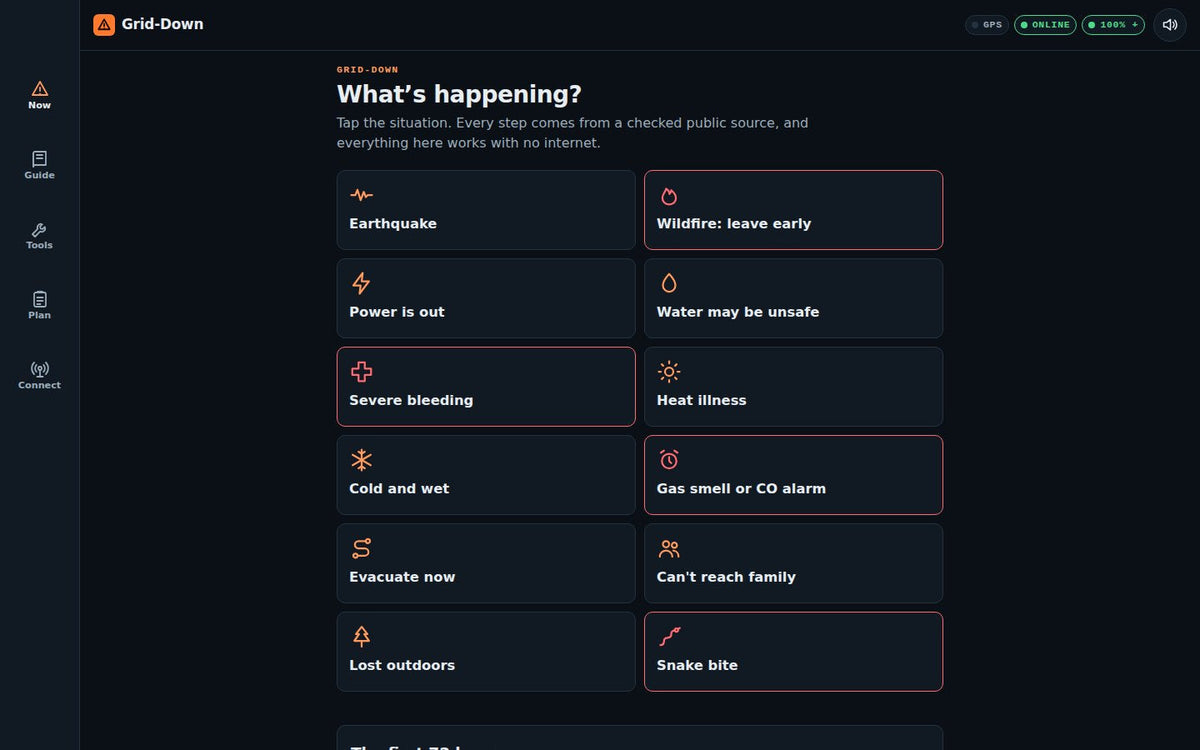 The Grid-Down app on a computer, working with no internet