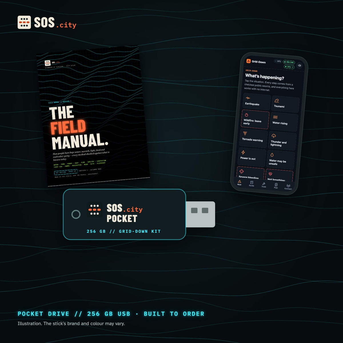 SOS.city Pocket Drive: illustration of a 256 GB USB stick carrying the Grid-Down Kit