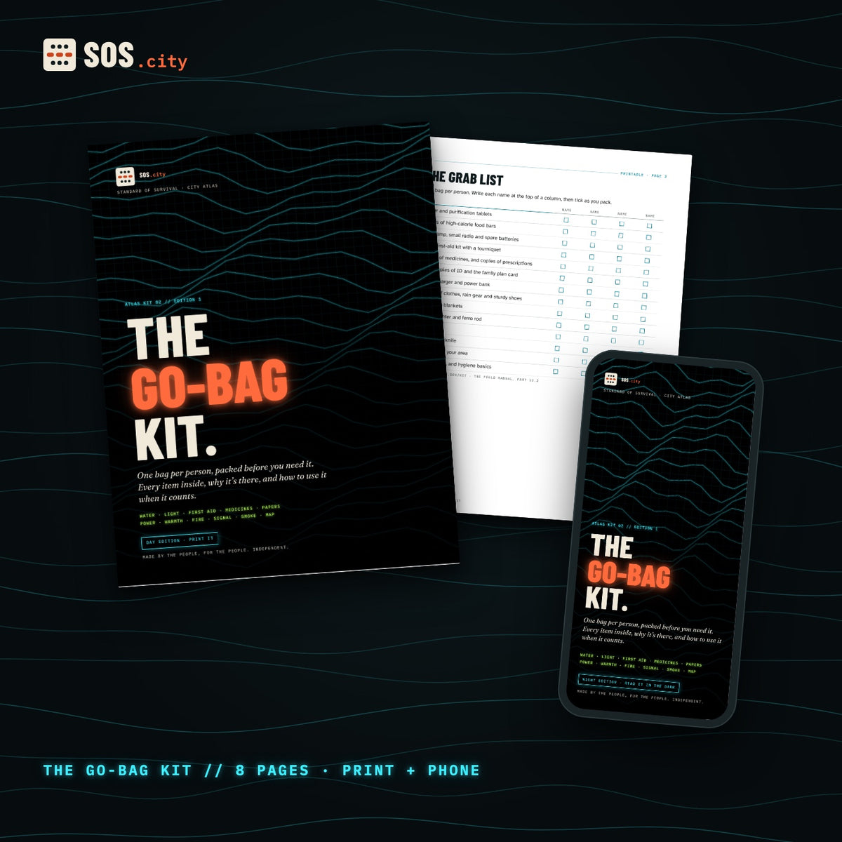 SOS.city The Go-Bag Kit: cover and pages, 8 pages, print and phone